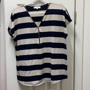 Navy blue and oatmeal colored striped tshirt